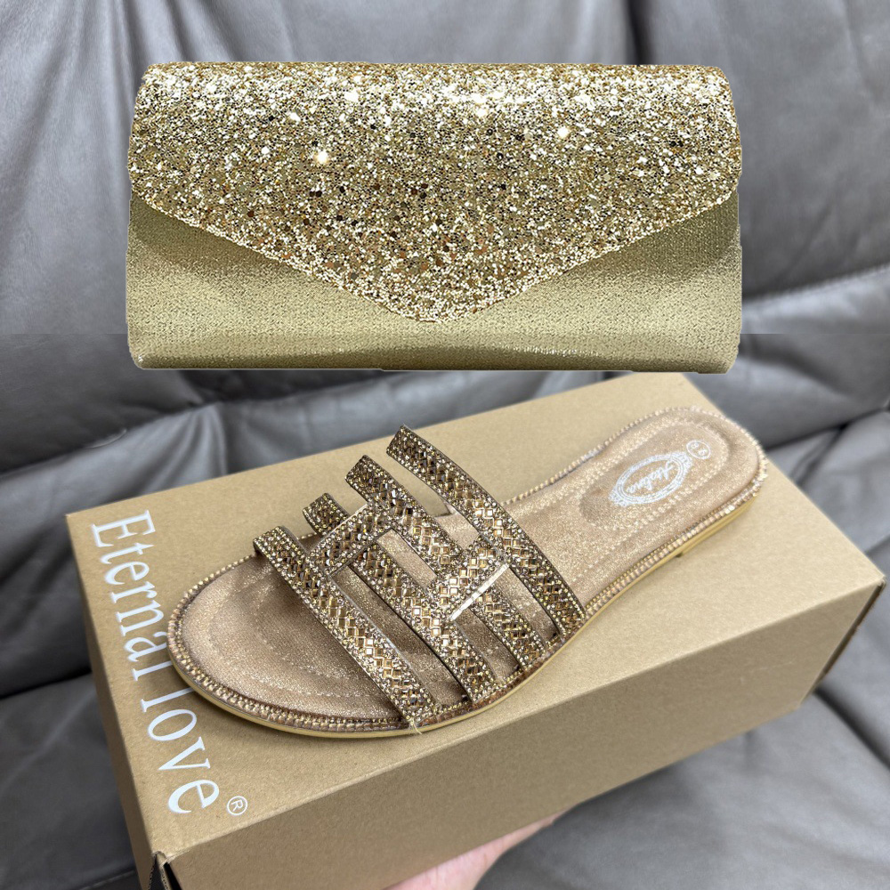 Women Bags Gold - Sandal Musim Panas Berhias Rhinestone Perunggu